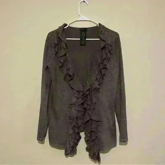 Grace Elements Taupe Brown Cascade Ruffle Front Cardigan Sweater Size Small - Picture 2 of 9